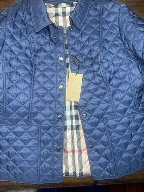 Burberry Blue Quilted Jacket with Check Interior